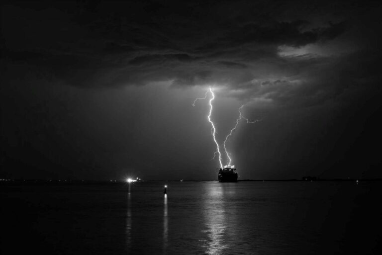 Blitz über einem Schiff im Wasser symbolisert EMV