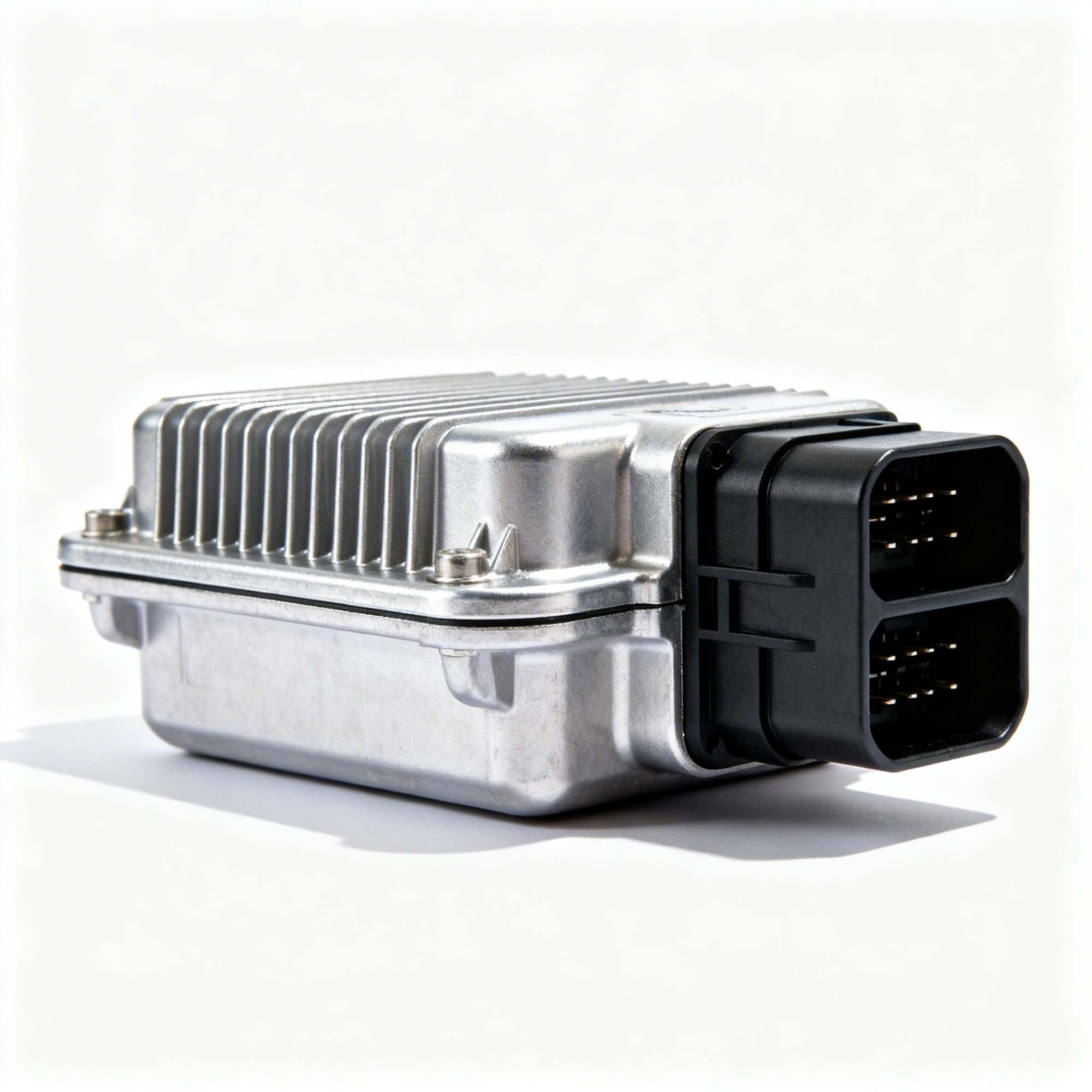 ECU-Steuergerät aus Aluminiumgehäuse, robustes embedded hardware, zentrale Elektronikkomponente für Fahrzeuganwendungen.