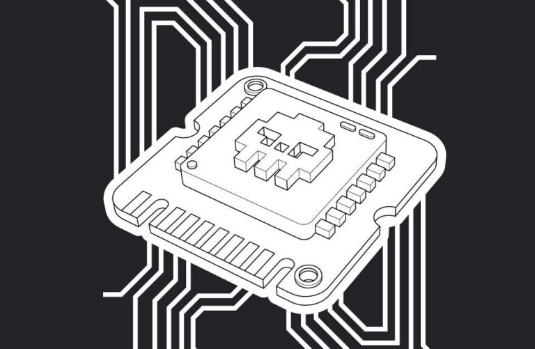 Symbolbild: Chip auf Leiterplatte, Elektronik und embedded hardware, abstrakte Schaltkreise.