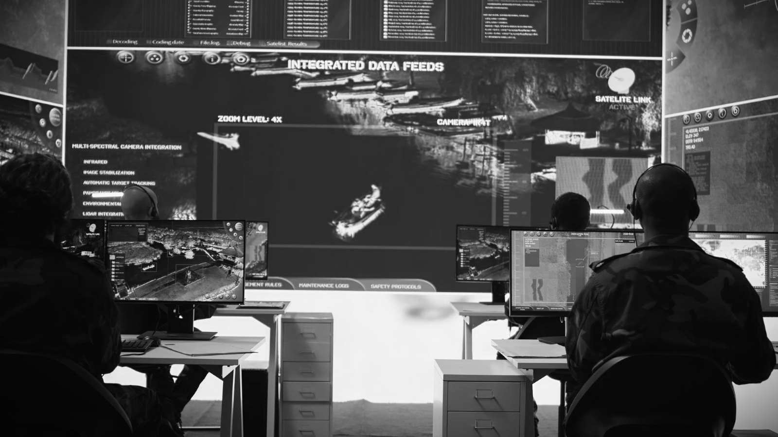 Militärischer Kontrollraum mit Großbildschirm und mehreren Arbeitsstationen; Fokus auf embedded software und cyber security.